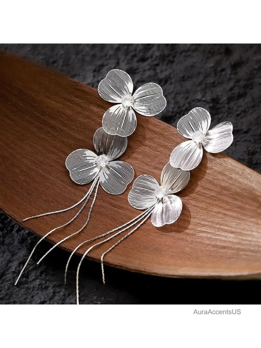 Metal Double Flower Tassel Dangle Earrings for Women Long Statement Drop
